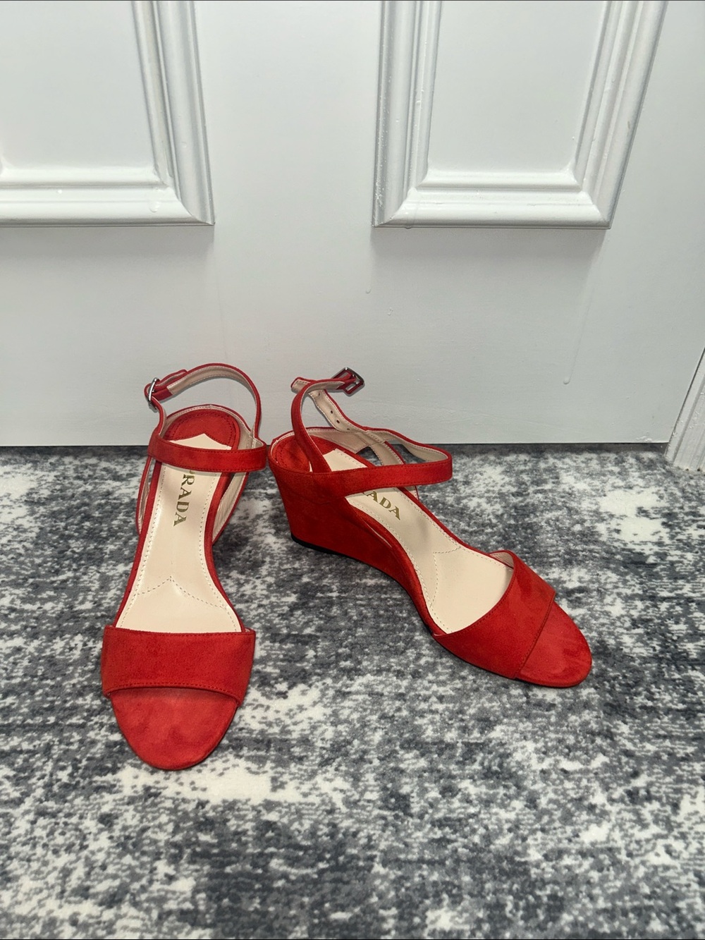 NWOT Prada Red Suede Wedge Sandals with Ankle Strap